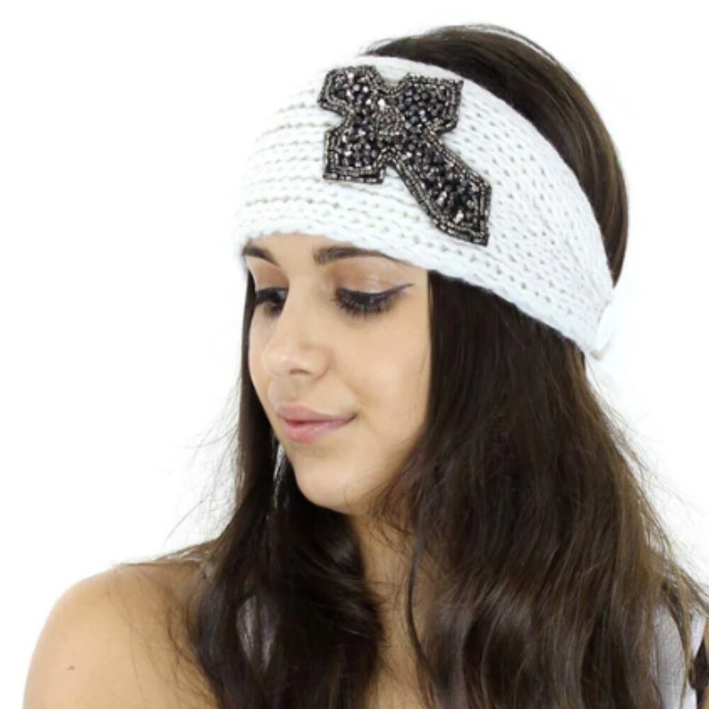 VERY MODA White Knit Sequin Cross Embellished Headband One Size NWT